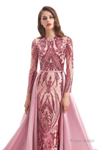 Long Sleeves Mermaid Detachable Train Prom Dresses with Train Sequined