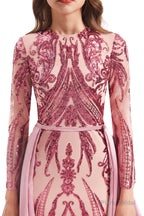 Long Sleeves Mermaid Detachable Train Prom Dresses with Train Sequined