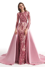 Long Sleeves Mermaid Detachable Train Prom Dresses with Train Sequined