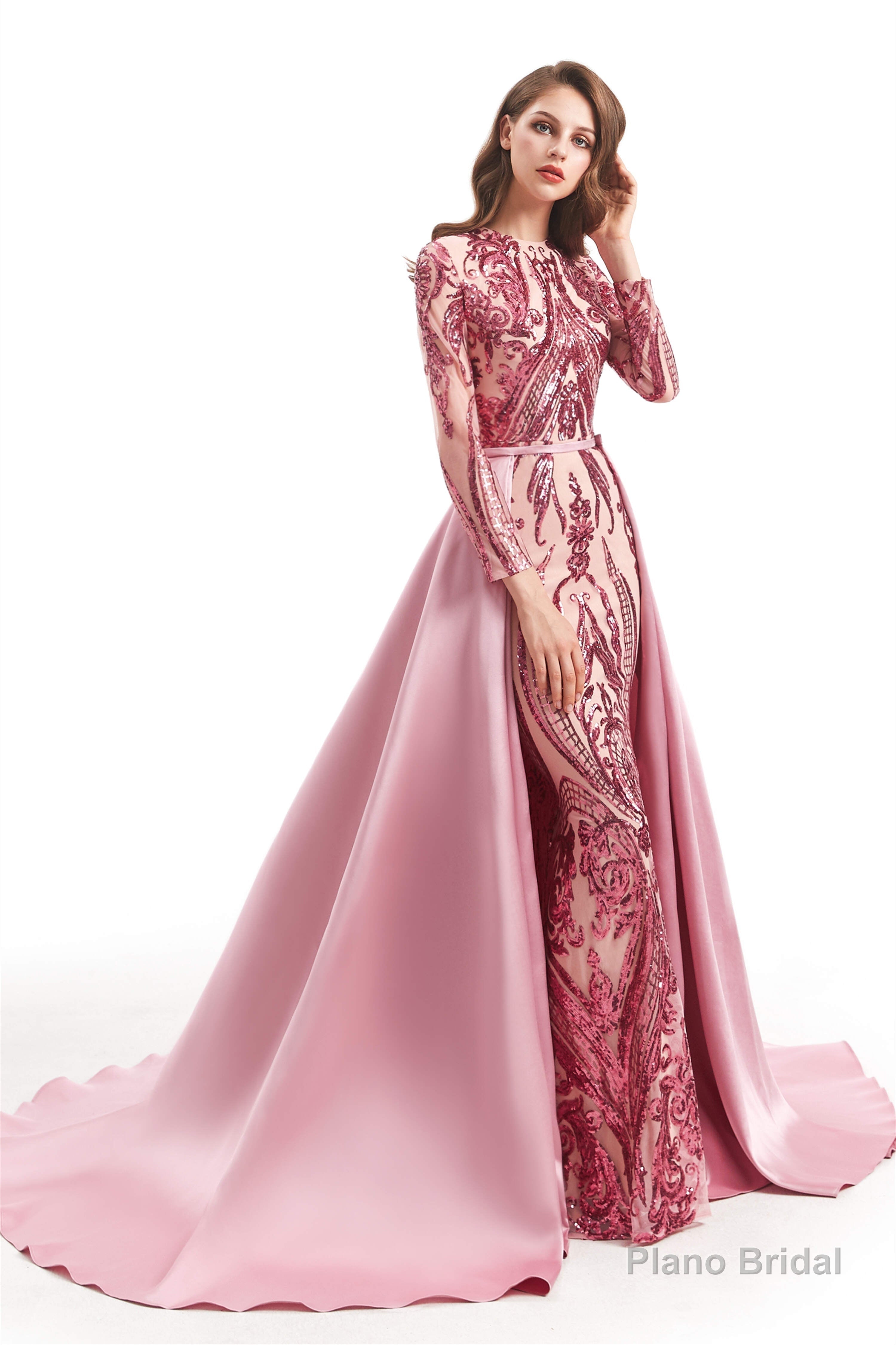 Long Sleeves Mermaid Detachable Train Prom Dresses with Train Sequined