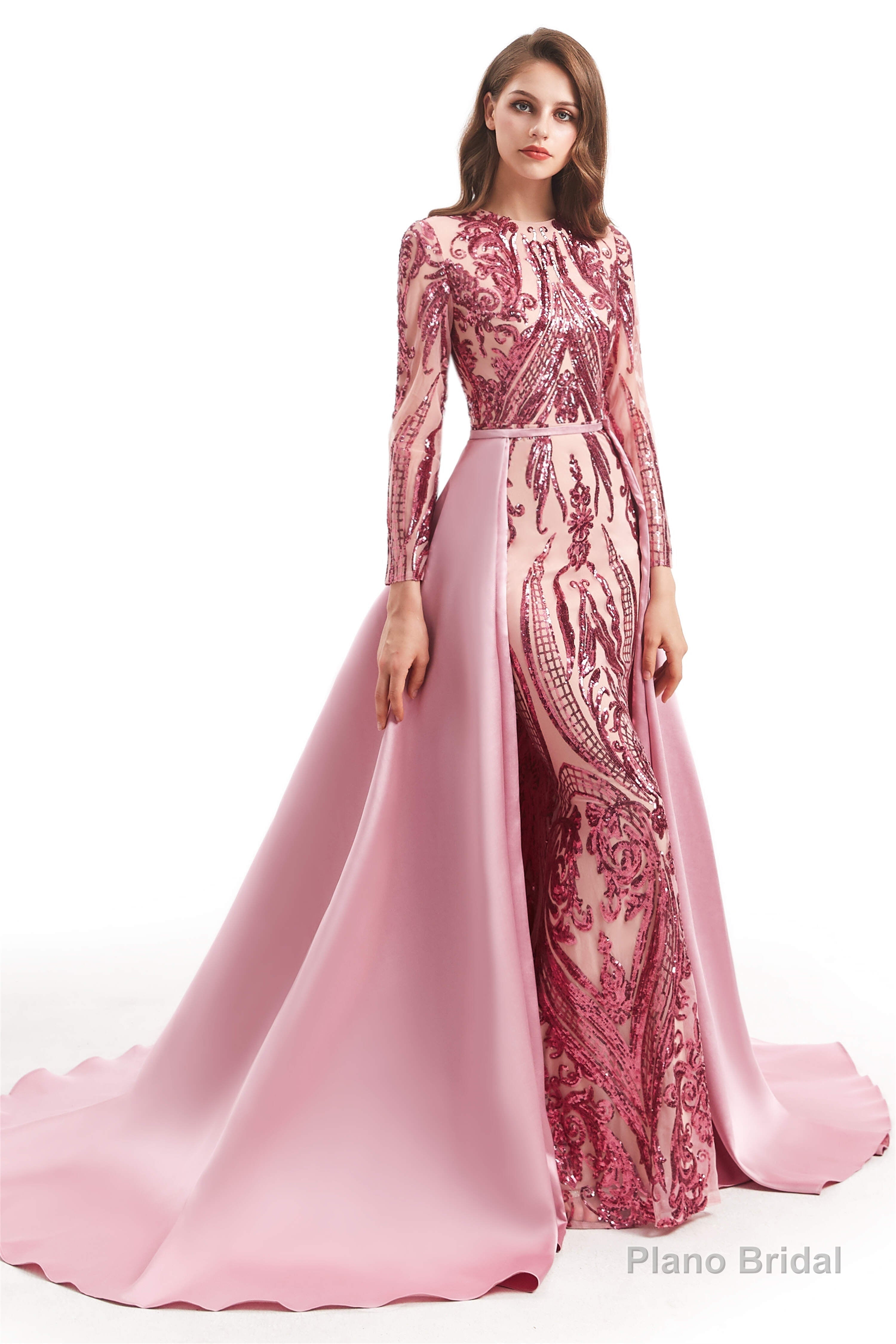 Long Sleeves Mermaid Detachable Train Prom Dresses with Train Sequined