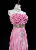 Pink Mermaid Spaghetti Straps Satin Beaded Long Formal Prom Dresses Beautiful Bridal Dresses