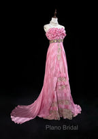 Pink Mermaid Spaghetti Straps Satin Beaded Long Formal Prom Dresses Beautiful Bridal Dresses