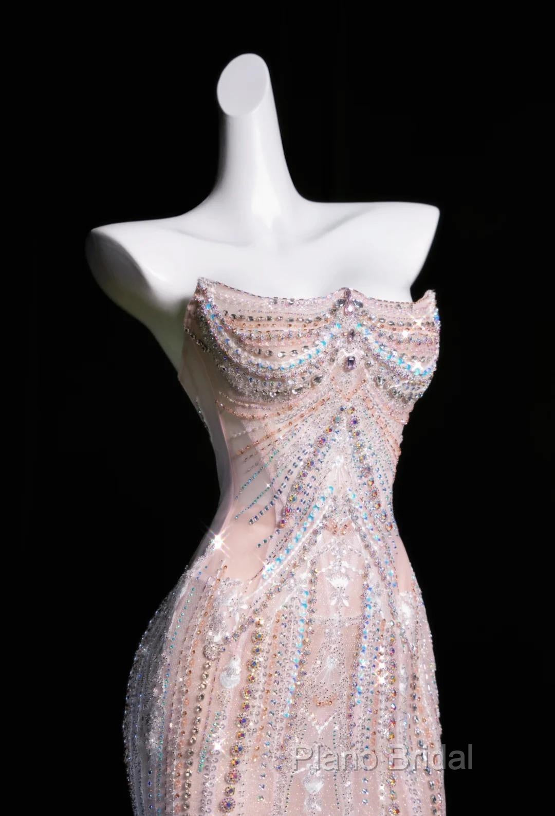 Pink Mermaid Strapless Tulle Diamond Long Formal Prom Dresses Sweet Wedding Dresses Formal Dresses Secondary image