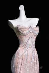 Pink Mermaid Strapless Tulle Diamond Long Formal Prom Dresses Sweet Wedding Dresses Formal Dresses