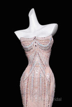 Pink Mermaid Strapless Tulle Diamond Long Formal Prom Dresses Sweet Wedding Dresses Formal Dresses