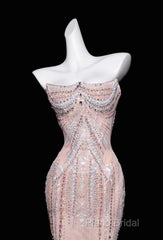 Pink Mermaid Strapless Tulle Diamond Long Formal Prom Dresses Sweet Wedding Dresses Formal Dresses