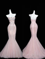 Pink Mermaid Strapless Tulle Diamond Long Formal Prom Dresses Sweet Wedding Dresses Formal Dresses