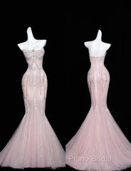 Pink Mermaid Strapless Tulle Diamond Long Formal Prom Dresses Sweet Wedding Dresses Formal Dresses