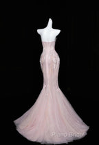 Pink Mermaid Strapless Tulle Diamond Long Formal Prom Dresses Sweet Wedding Dresses Formal Dresses
