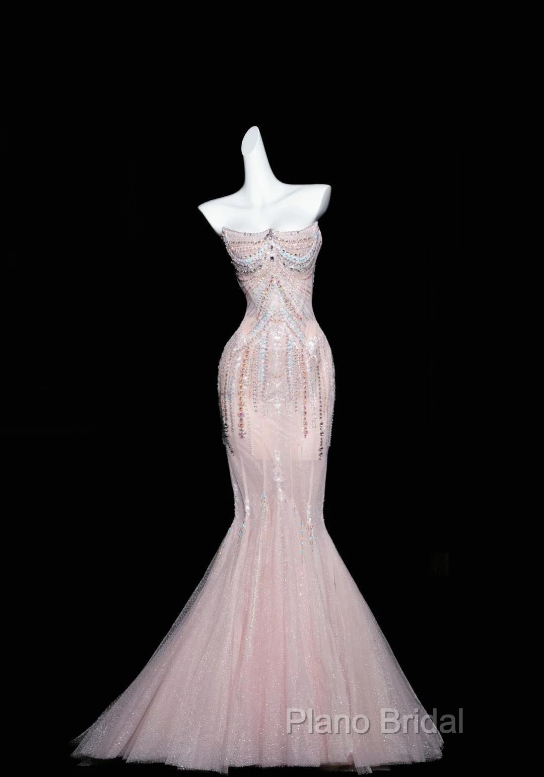 Pink Mermaid Strapless Tulle Diamond Long Formal Prom Dresses Sweet Wedding Dresses Formal Dresses