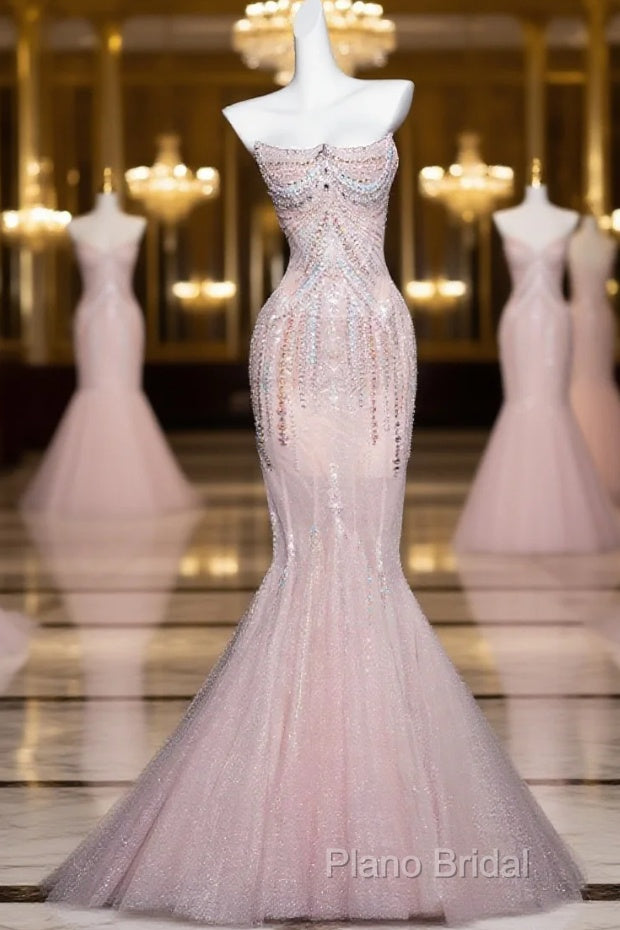 Pink Mermaid Strapless Tulle Diamond Long Formal Prom Dresses Sweet Wedding Dresses Formal Dresses Main image
