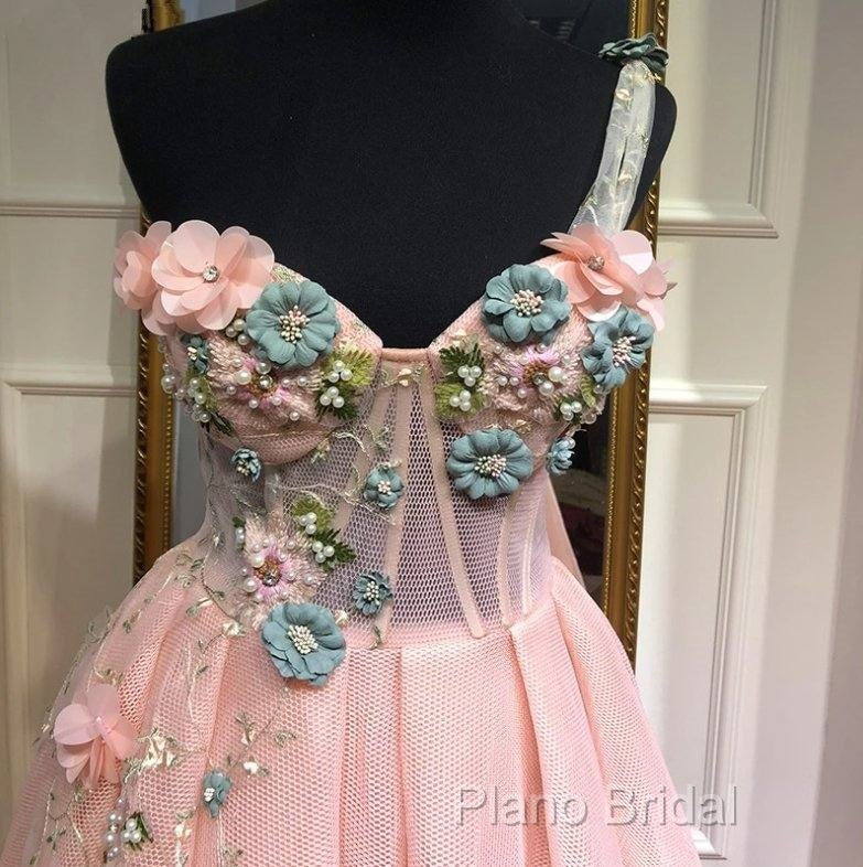 Pink Muslim Formal Dresses A-Line One-Shoulder Tulle Pearls Long Islamic Dubai Saudi Arabic Long Formal Gown