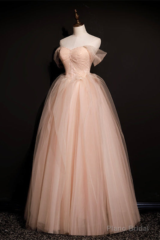 Pink Off Shoulder Beaded Tulle Long Party Dresses, Pink A-line Formal Dresses Prom Dress Main image