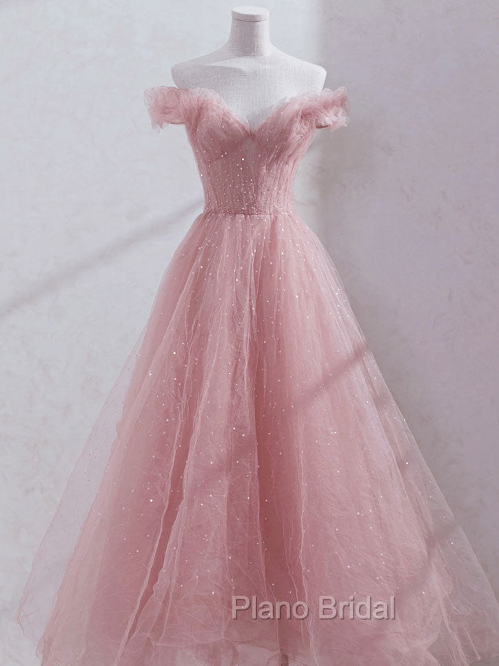 Pink Off Shoulder Tulle Tea Length Formal Prom Dresses, Pink Tulle Evening Dresses Secondary image