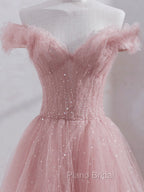 Pink Off Shoulder Tulle Tea Length Formal Prom Dresses, Pink Tulle Evening Dresses