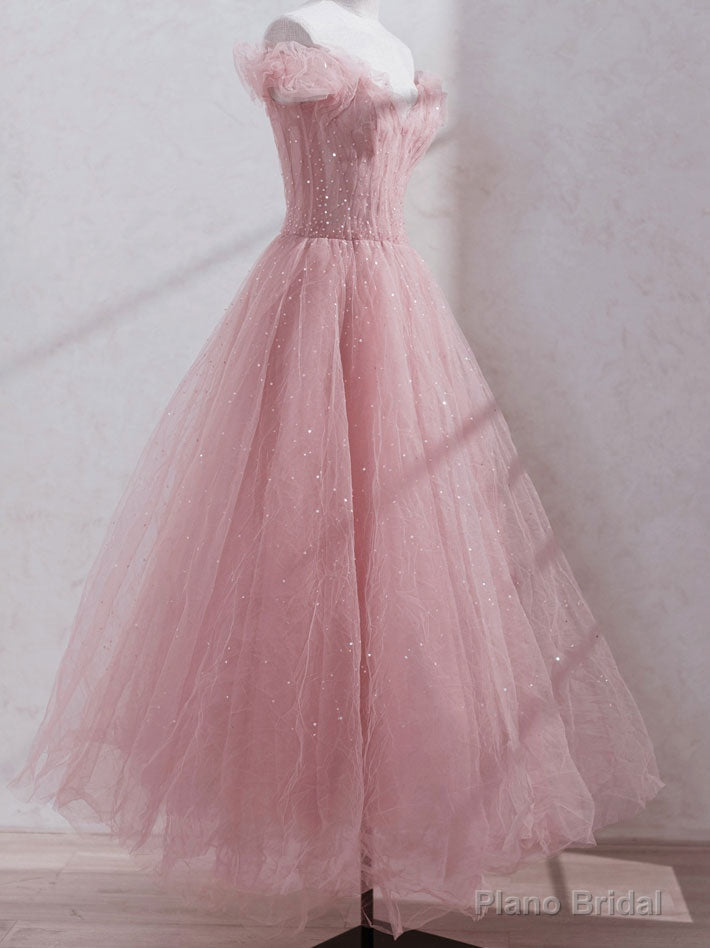 Pink Off Shoulder Tulle Tea Length Prom Dress,Pink Tulle Wedding Party Dresses Secondary image