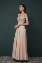 Off The Shoulder Charming Long Chiffon Prom Dresses With Appliques