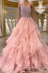 Pink one shoulder beads long Formal Prom dress pink evening dress
