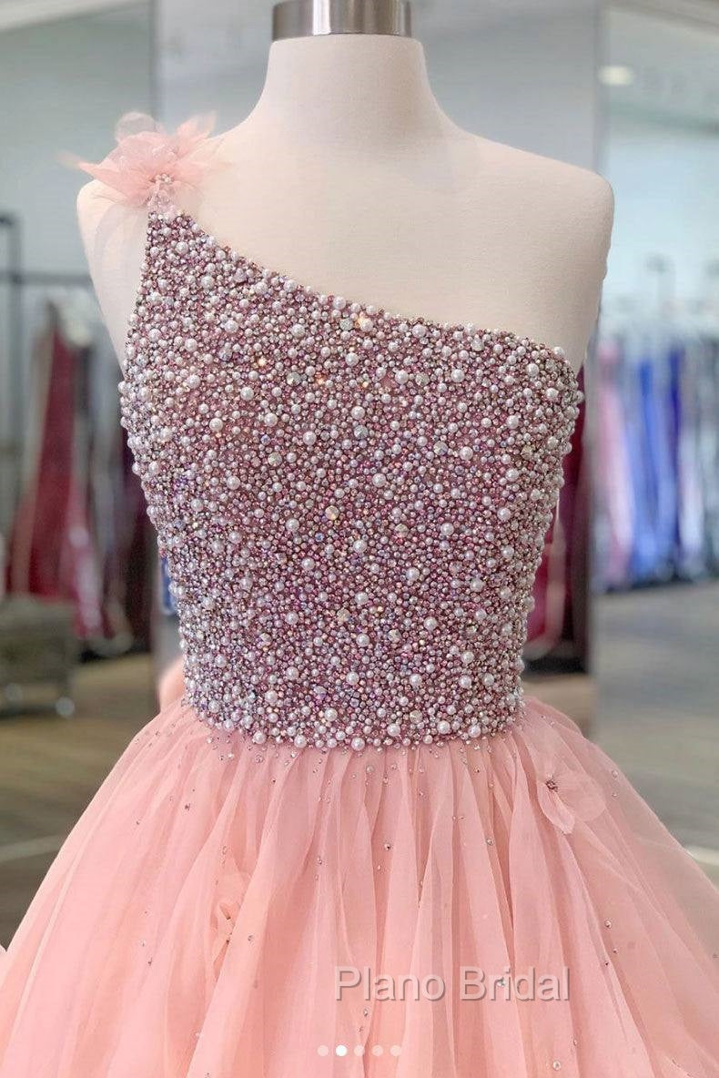 Pink One Shoulder Beads Long Formal Prom Dresses Pink Evening Dresses