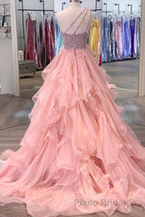 Pink Formal Prom Dress A Line One Shoulder Long Party Evening Dress with Beading Ruffles