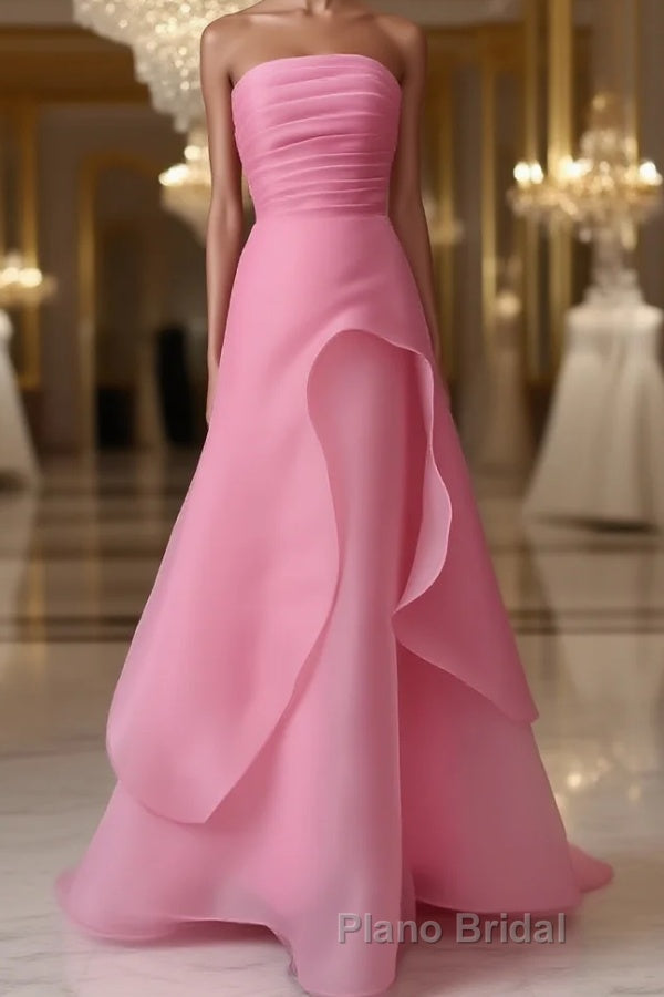 Pink Formal Prom Dress Tulle Evening Gown Strapless Ruffles A-line Simple Formal Prom Dresses For Teens