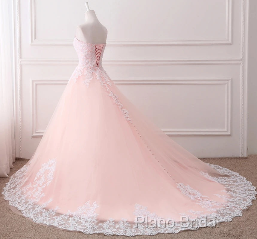 Pink Puffy Ball Gown Princess Sweetheart Tulle Formal Dresses With White Lace Formal Prom Dresses Secondary image