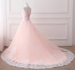 Pink Puffy Ball Gown Princess Sweetheart Tulle Formal Dresses With White Lace Formal Prom Dresses