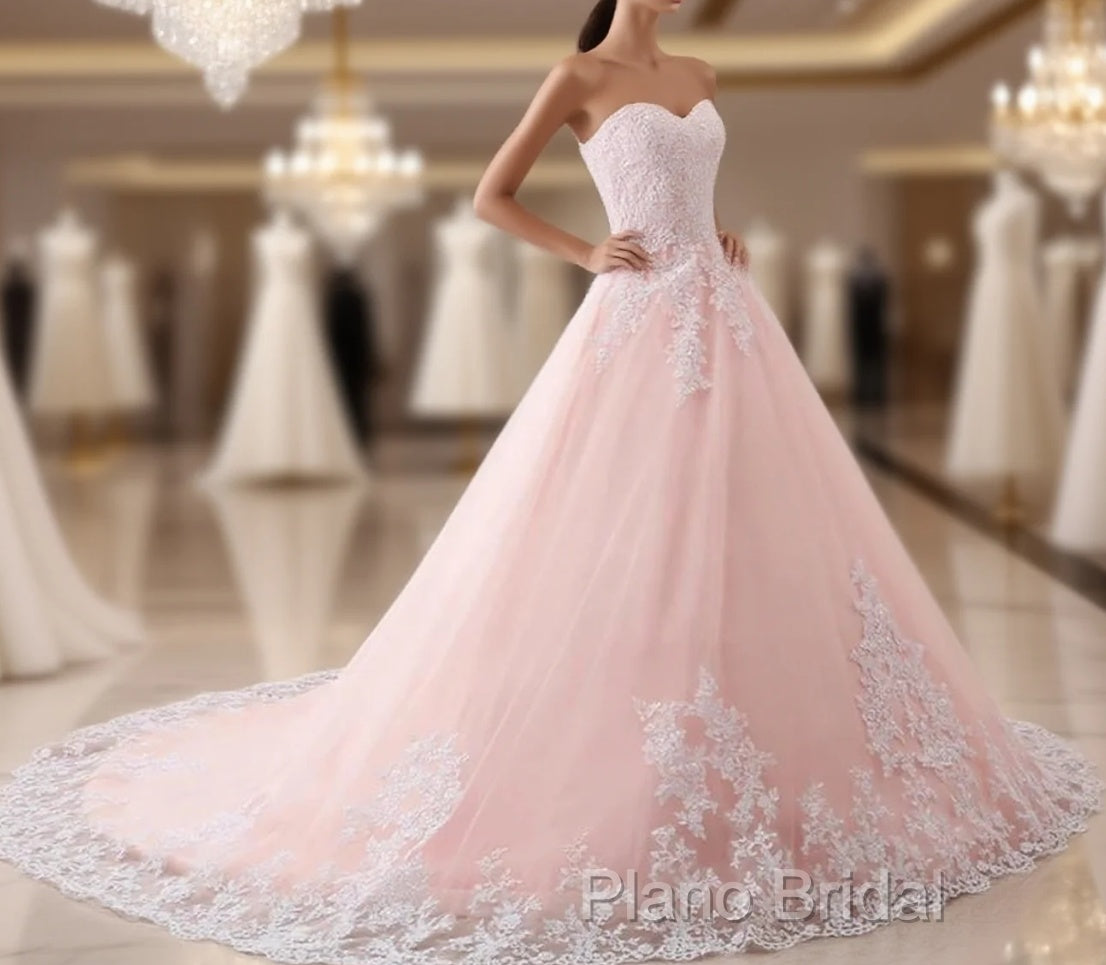 Pink Puffy Ball Gown Princess Sweetheart Tulle Formal Dresses With White Lace Formal Prom Dresses Main image