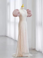 Pink Puffy Sleeves Trumpet Mermaid Sequin Formal Prom Dresses