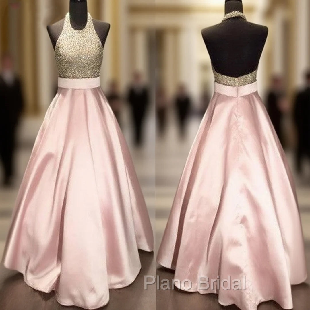 Pink Round Neck Sequin Long Formal Prom Gown, Pink Evening Dresses For Teens Main image