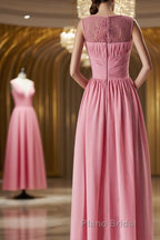 Pink round neck tulle lace long Formal Prom dress, pink lace bridesmaid dress