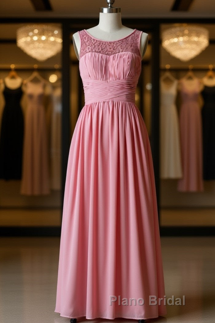 Pink round neck tulle lace long Formal Prom dress, pink lace bridesmaid dress