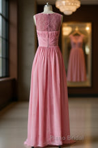 Pink round neck tulle lace long Formal Prom dress, pink lace bridesmaid dress