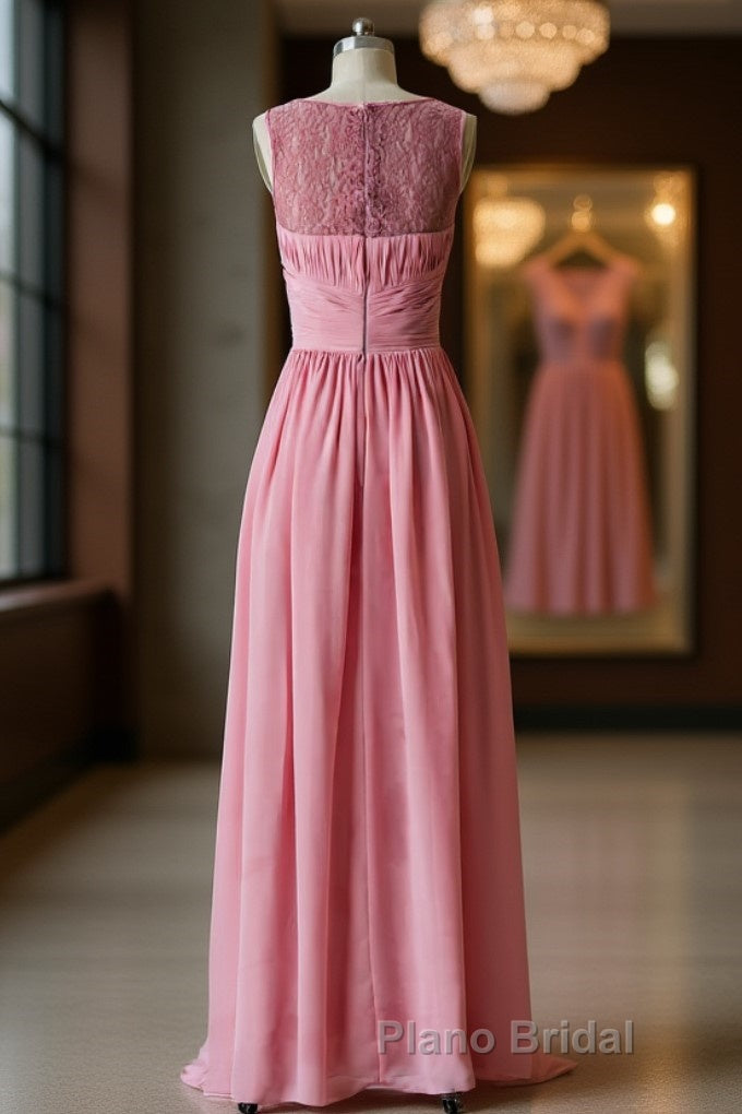 Pink round neck tulle lace long Formal Prom dress, pink lace bridesmaid dress