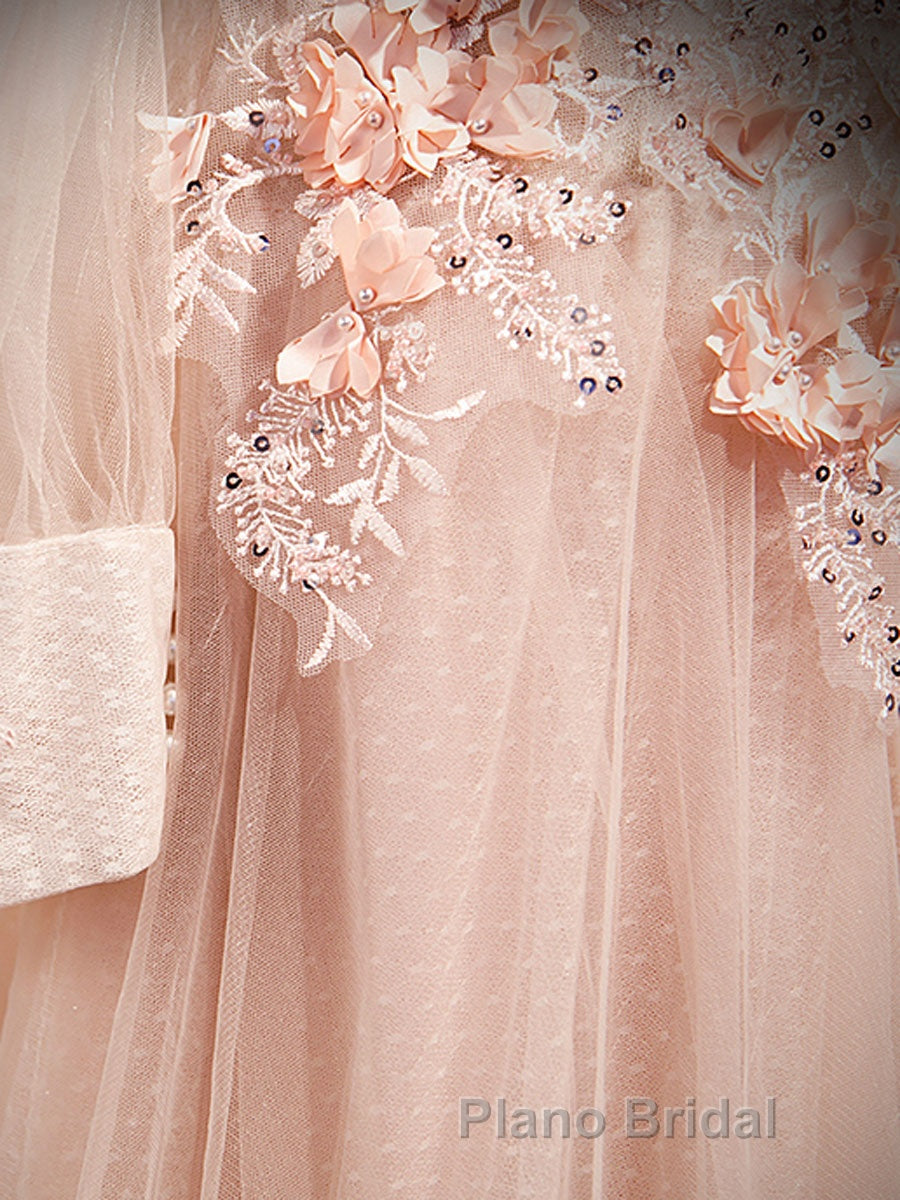 Pink round neck tulle lace long Formal Prom dress, pink lace bridesmaid dress