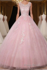 Pink round neck tulle lace long Formal Prom dress pink tulle formal dress