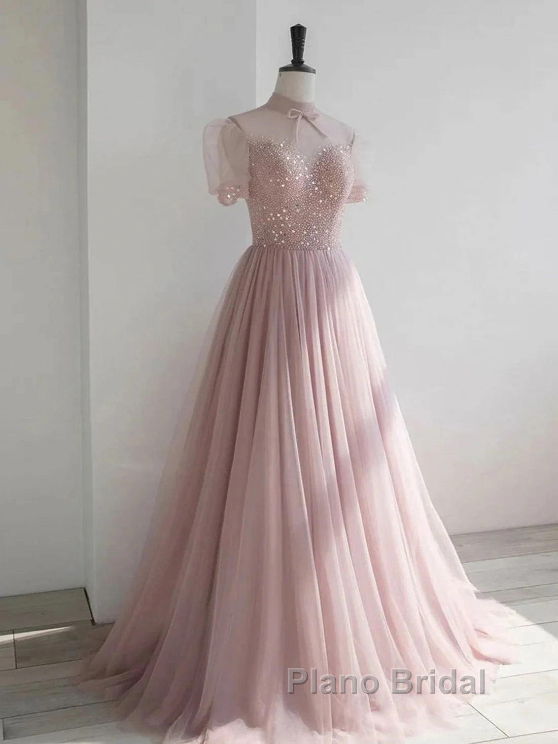 Pink Round Neck Tulle Sequin Long Formal Prom Dresses Formal Dresses Short Sleeves December Wedding Guest Dresses