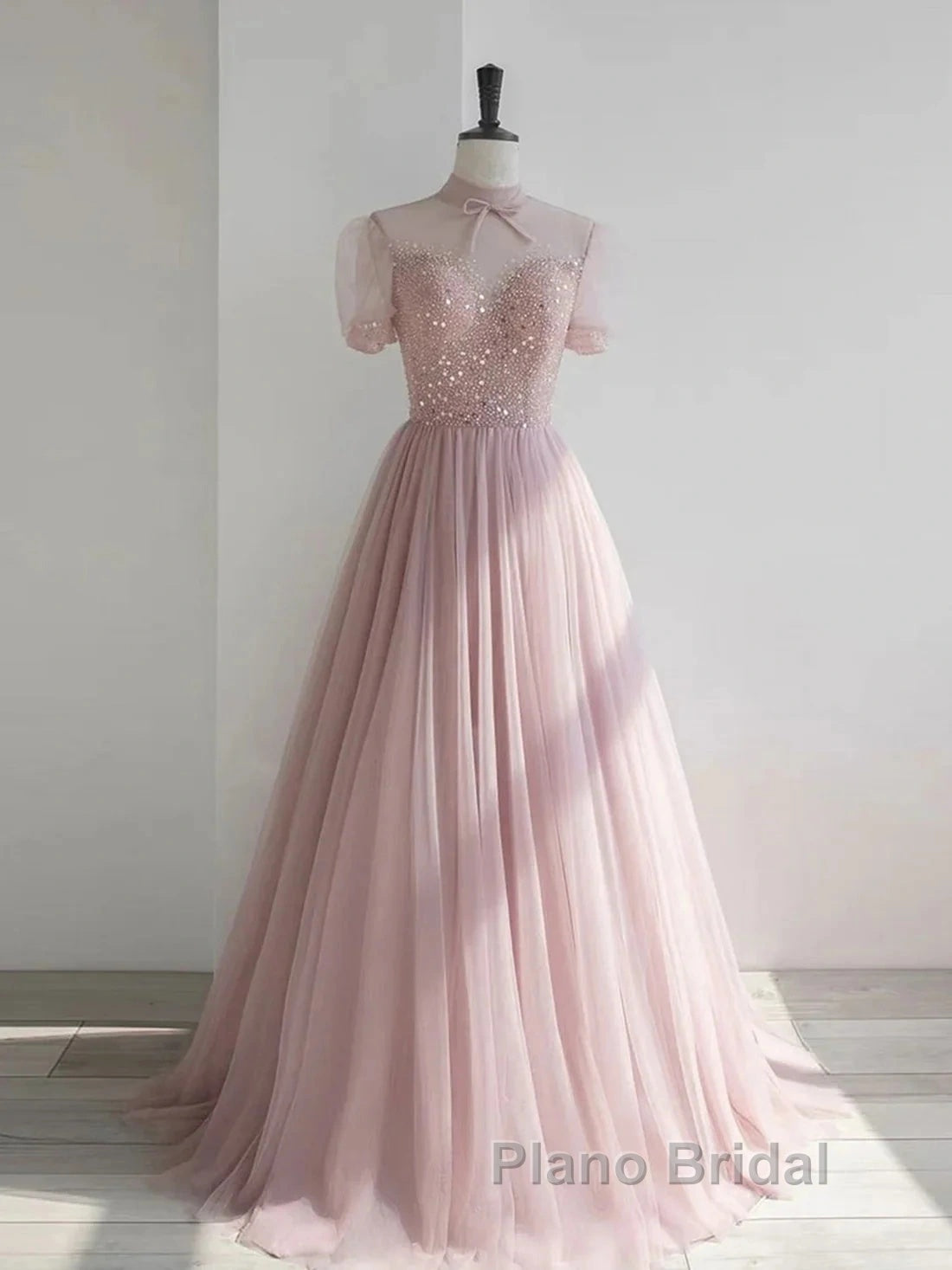 Pink Round Neck Tulle Sequin Long Formal Prom Dresses Formal Dresses Short Sleeves December Wedding Guest Dresses