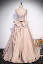 Pink Satin Long A-Line Formal Prom Dresses, Pink Spaghetti Straps Party Dresses With Bow