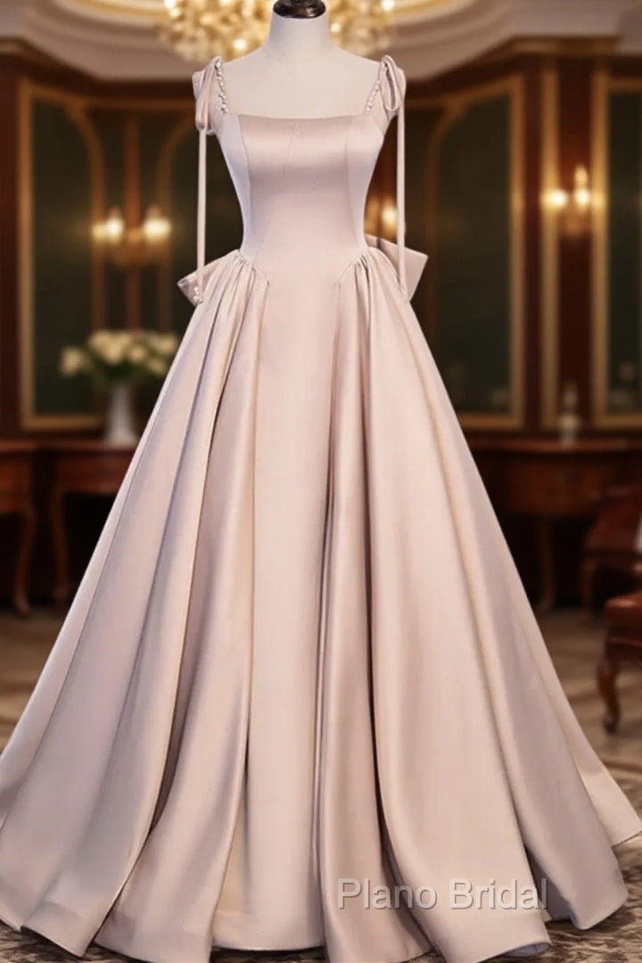 Pink Satin Long A-Line Formal Prom Dresses, Pink Spaghetti Straps Party Dresses With Bow Main image