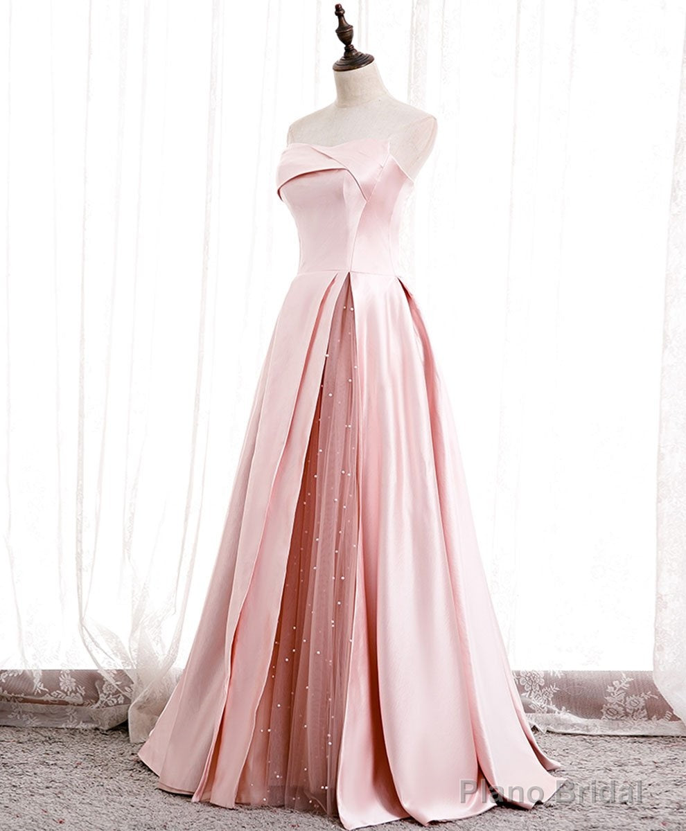 Pink Satin Long Party Dress with Pearls, Floor Length Party Dres Wedding Party Dress Main image