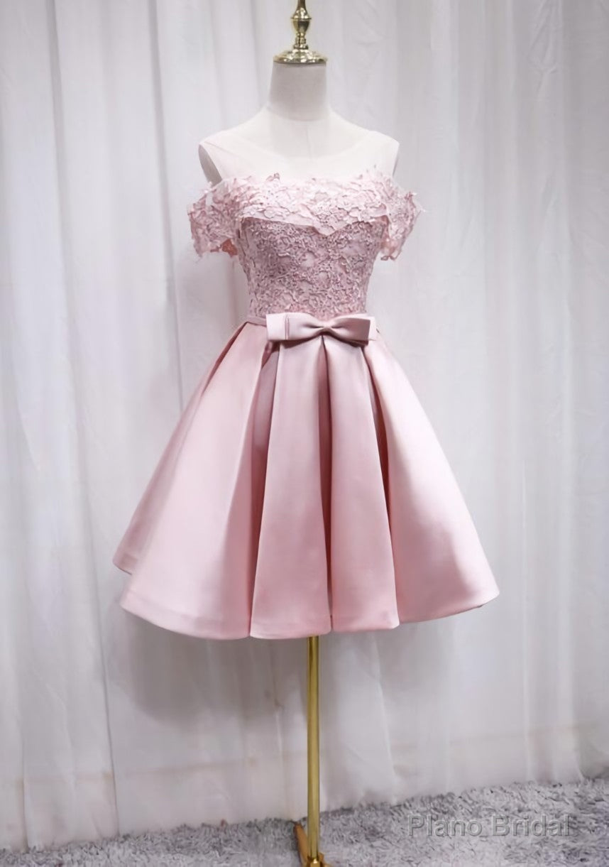 Pink Satin Off Shoulder Lace Top Homecoming Dress, Pink Gradaution Dresses Secondary image
