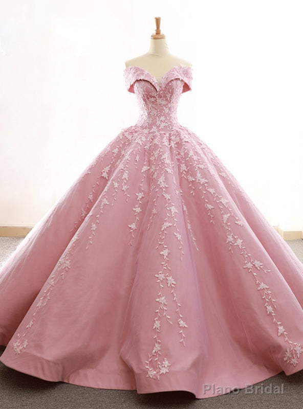 Pink Satin Tulle Off The Shoulder Appliques Wedding Dress Main image