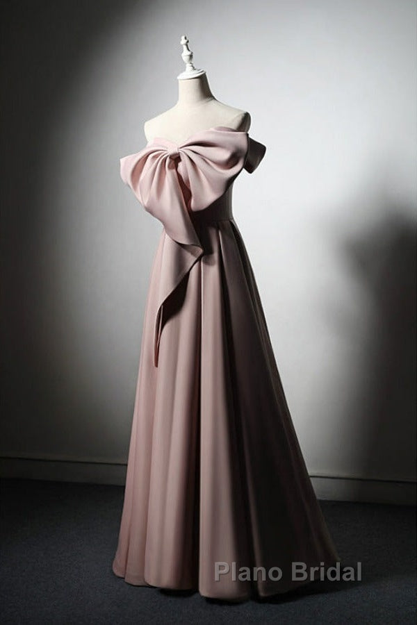 Pink Satin With Bow A-Line Long Formal Prom Dresses, Pink Satin Formal Dresses Party Dresses