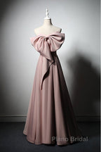 Pink Satin With Bow A-Line Long Formal Prom Dresses, Pink Satin Formal Dresses Party Dresses