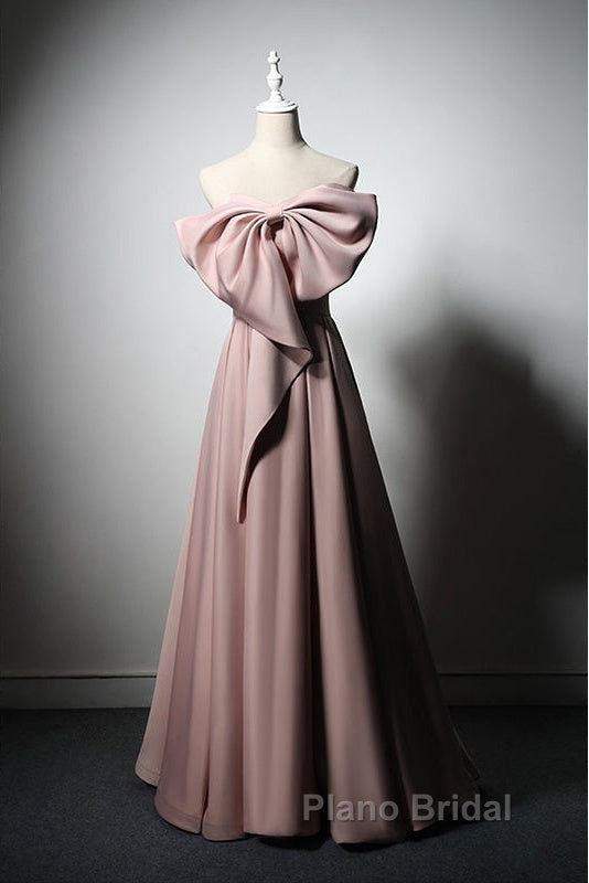 Pink Satin With Bow A-Line Long Formal Prom Dresses, Pink Satin Formal Dresses Party Dresses