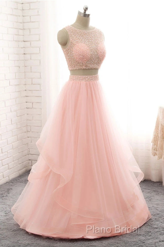 Pink See Through Tulle Beading Strapless Two Piece Formal Prom Dresses Secondary image
