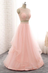 Pink See Through Tulle Beading Strapless Two Piece Formal Prom Dresses
