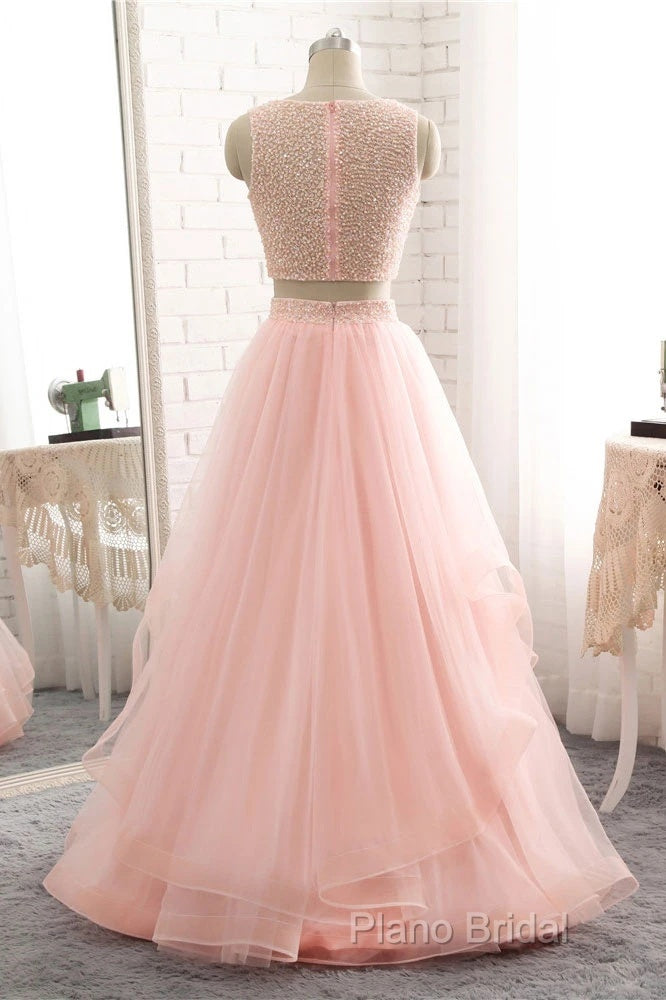 Pink See Through Tulle Beading Strapless Two Piece Formal Prom Dresses